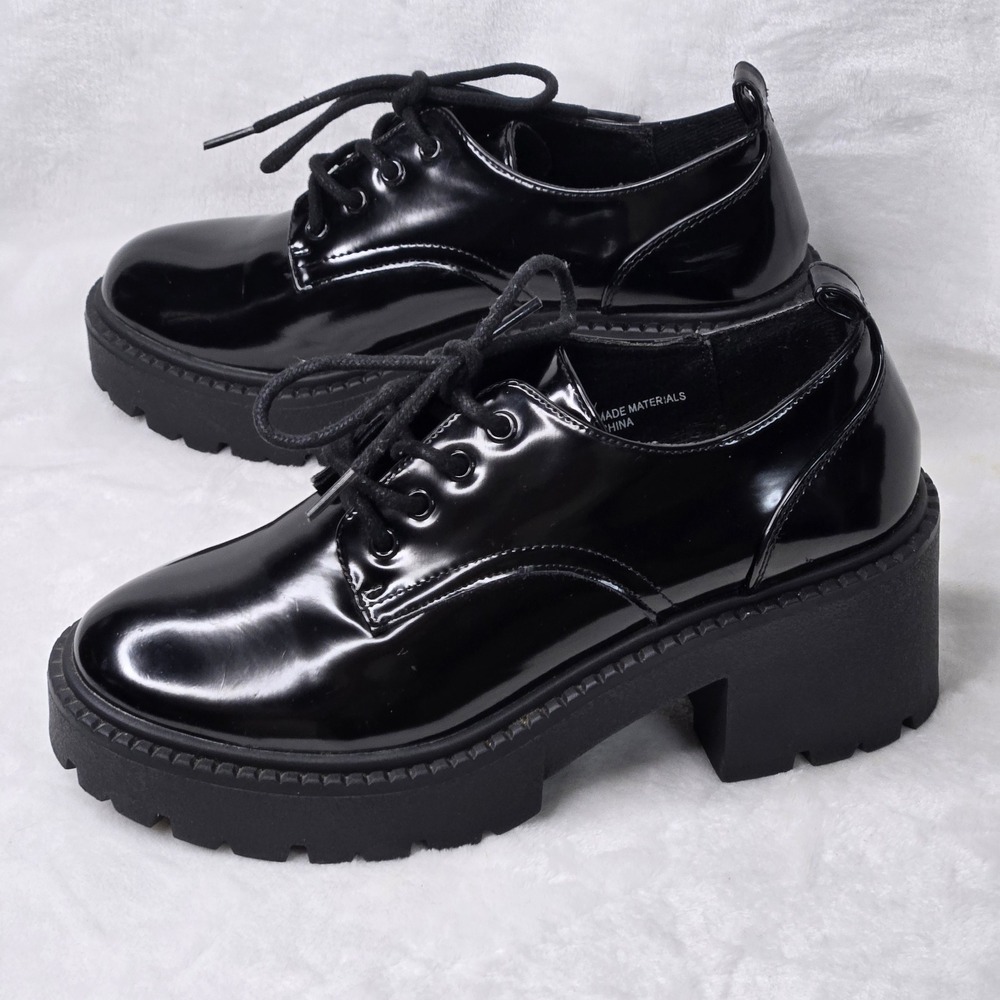 Madden Girl G-Tracy Black Patent Platform Lug Sole Oxford Shoes Womens 7.5M